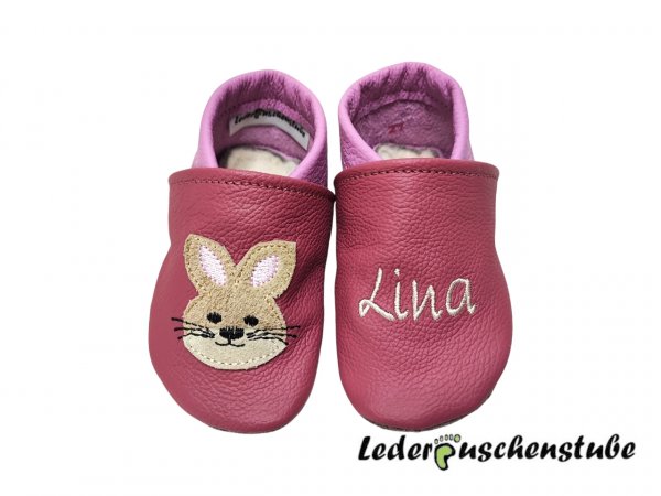 Lederpuschen altrosa-orchideem mit Namen creme und Hasendoodle